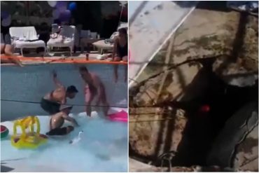 El impactante momento en el que se abre un boquete en una piscina y se “tragó” a dos hombres: uno de ellos falleció (+Video)