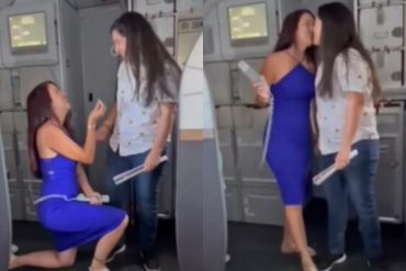 Azafata conmovió a los pasajeros de un avión al pedirle matrimonio a su novia: “¿Me harías el honor de ser mi esposa?”, dijo a través del megáfono (+Video)