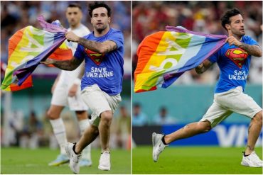 Ingresó al campo con una bandera LGBT durante el juego entre Portugal y Uruguay: tenía una franela con la frase “salven a Ucrania” (+Fotos +Videos)