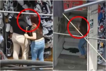 Pillaron a una mujer estirando unos zapatos deportivos con un palo de escoba para que el cliente se los llevara (+Video)