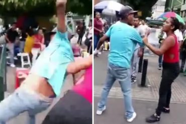 La violenta paliza que le propinó una mujer a un hombre por gastar supuestamente el dinero de la comida de sus hijos en juegos de azar (+Video)