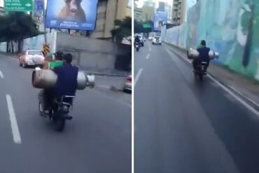 Captaron a dos hombres llevando una bombona de gas de 43 kilos en una moto en la autopista Francisco Fajardo (+Video)