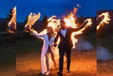 Envueltos en llamas: la insólita forma en la que una pareja de novios entró a su boda y sorprendió a los invitados