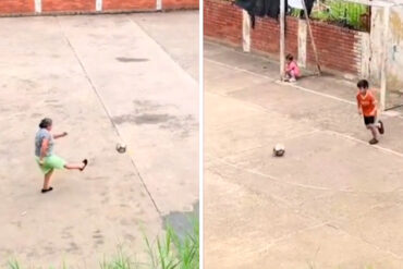 “La Maradoña”: se viraliza un video de una abuelita jugando fútbol con su nieto (+Video)