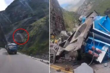 El impresionante momento en el que una avalancha de rocas parte por la mitad a dos camiones en plena carretera (+Video)