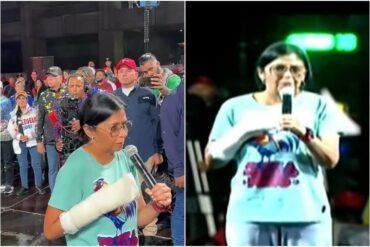 Delcy Rodríguez apareció con brazo enyesado en acto de Maduro en Caracas: “Los fascistas se secarán y se cocinarán en su odio” (+Video)