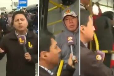 Periodista hacía un reportaje en vivo cuando un bus cerró sus puertas y se lo llevó  (+Video)